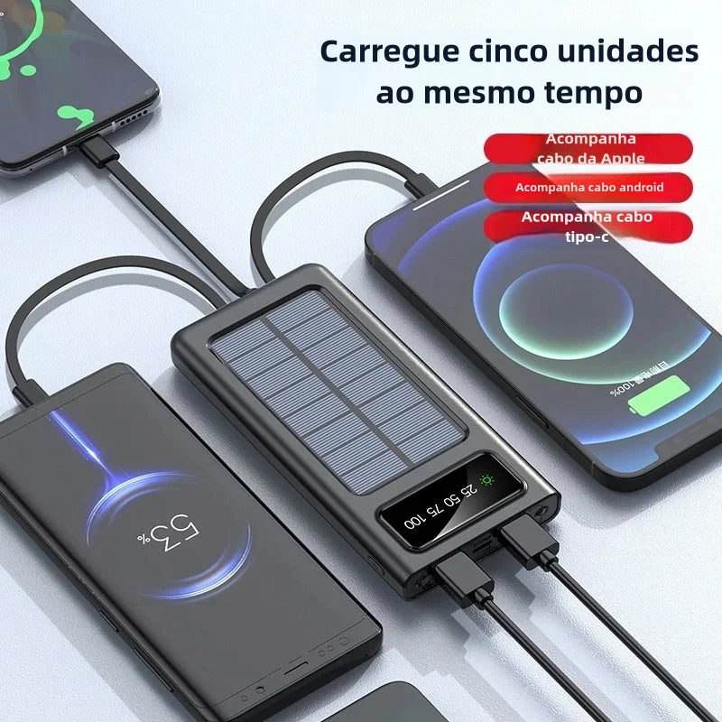 Power Bank solar 10000mAh USB 4 cabos universal